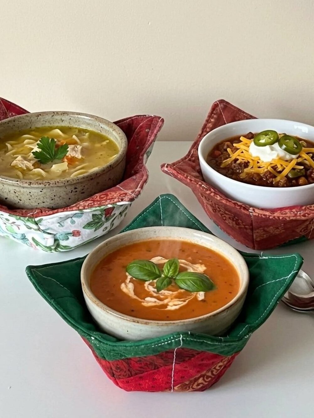 Set of 3 Handmade Quilted Reversable Soup Ice-Cream Bowl Snuggies Cozies